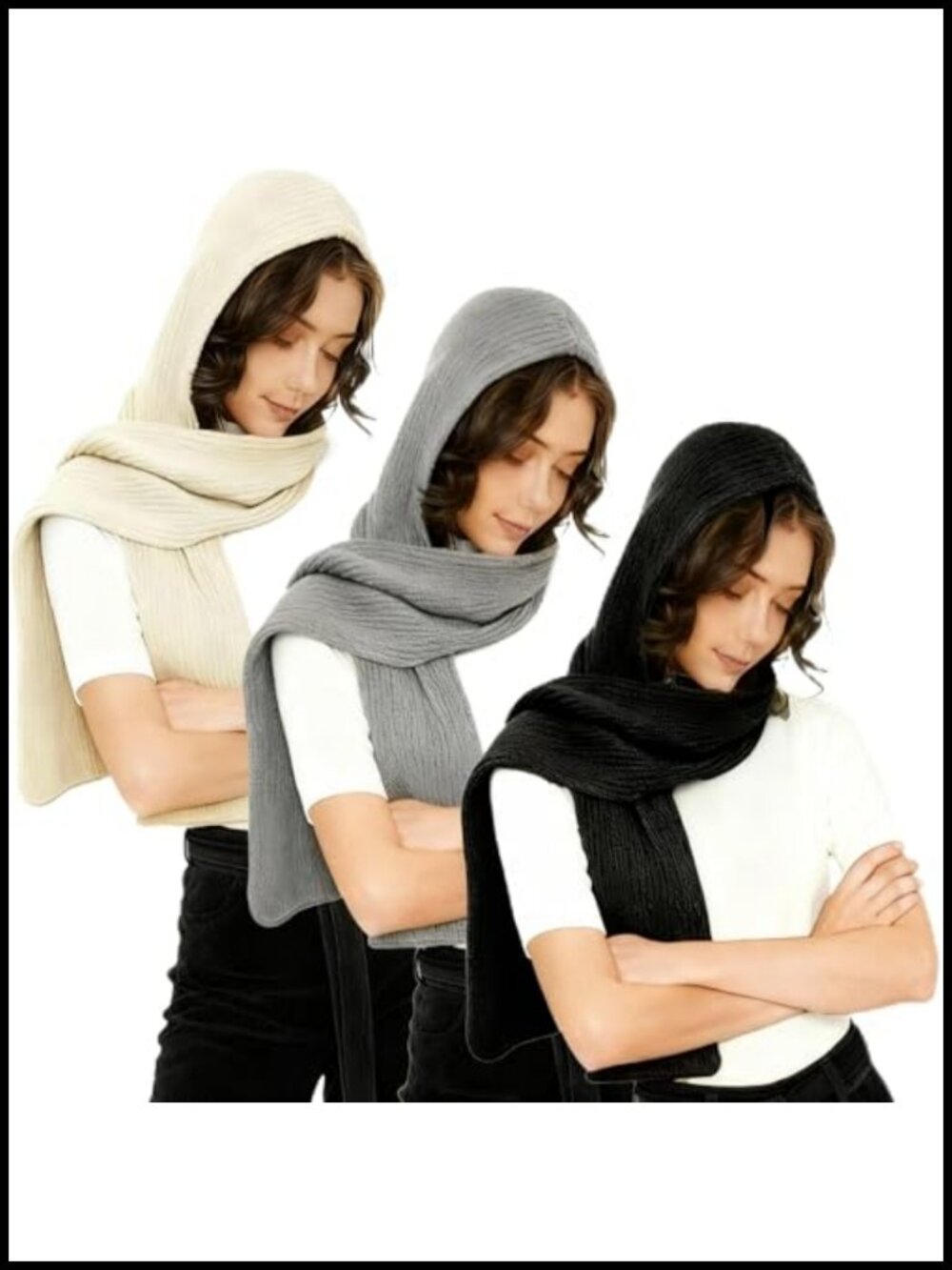 3 Pc Winter Knitted Hooded Scarf Set Polyester Shawl Wrap